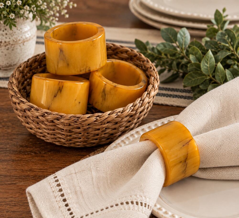 Bakelite Heavy Marbled Butterscotch Amber Chunky Napkin Rings Set of 4 Vintage